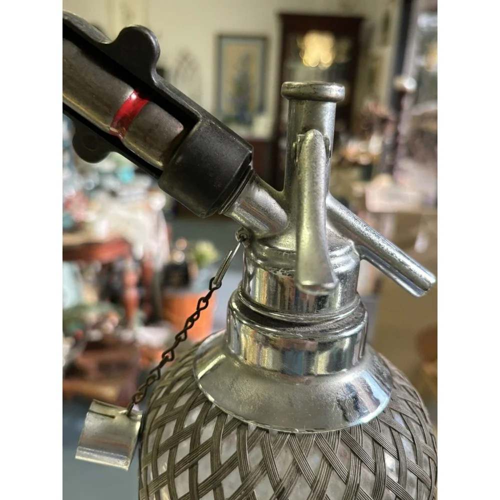 Vintage Art Deco Metal Wire Mesh Czech Glass Seltzer Bottle Sparklets USA NY
